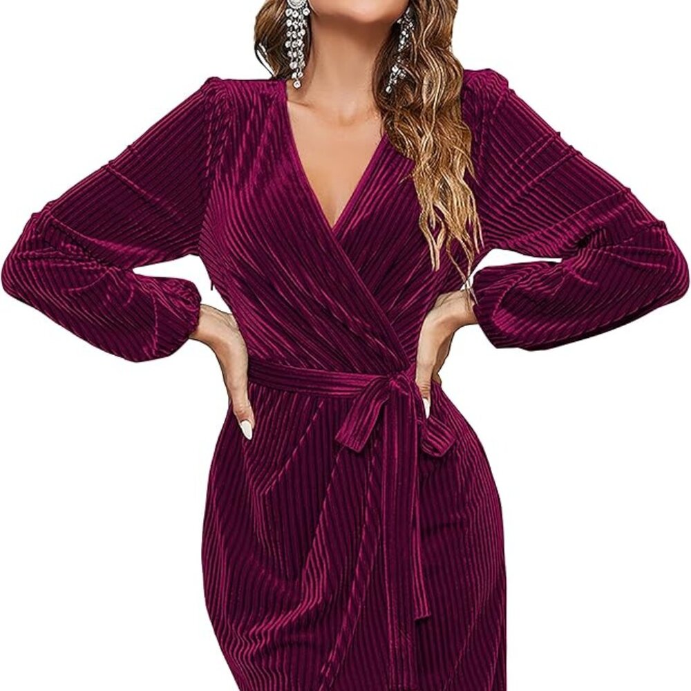 MEROKEETY Women's Long Sleeve Wrap Velvet Mini Dress Sexy V Neck Cocktail